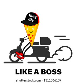 thug life like a boss pizza slice rides on scooter,cartoon character illustration for t-shirt print and other uses