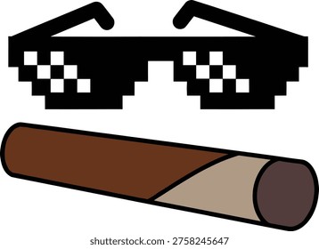 Thug life meme glasses, pixel art sunglasses, cigar illustration, internet culture symbols, cool attitude icons, retro gaming aesthetic, boss mode graphics