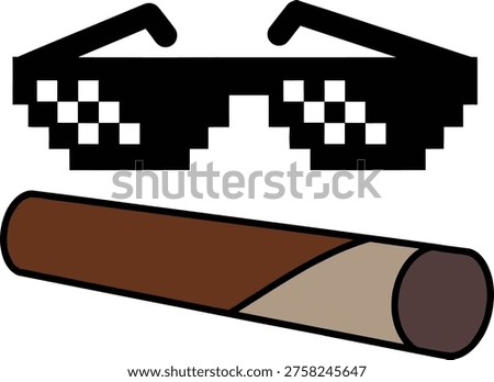 Thug life meme glasses, pixel art sunglasses, cigar illustration, internet culture symbols, cool attitude icons, retro gaming aesthetic, boss mode graphics