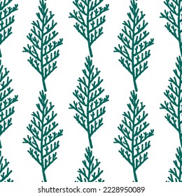 Thuja and cypress branches. Whimsical winter foliage background. Vintage Christmas and Happy New Year flat seamless pattern, great for Christmas textiles, banners, wrapping paper, wallpaper. 