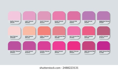 Thulian Color Guide Palette with Color Names. Catalog Samples Thulian with RGB HEX codes and Names. Paint Pink Colors Palette Vector, Metal and Plastic Thulian Color Palette, Fashion Trend Pink Colors