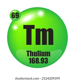 Thulium icon. Tm chemical element. Atomic number 69. Mass 168.93. Green sphere.