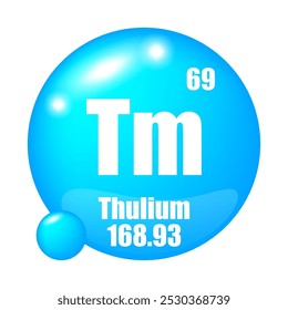 Thulium icon. Tm chemical element. Atomic number 69. Mass 168.93. Blue sphere symbol.