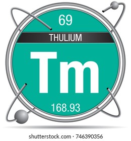Thulium symbol inside a metal ring with colored background and spheres orbiting around. Element number 69 of the Periodic Table of the Elements - Chemistry