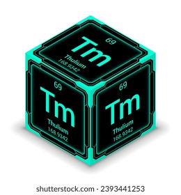 Thulium (Tm) (069) - fundamentaler Bestandteil Futuristische Cybernetic Cube Block Isometrische Ansicht, Symbol einzeln auf weißem Hintergrund, Periodischer Tisch, chemisches Symbol, Name, Atommasse, Atomnummer