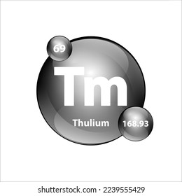 Thulium (Tm) chemical element Icon structure round shape circle grey, silver, black easily. Periodic table Sign with atomic number. Study in science for education. 3D Illustration vector.