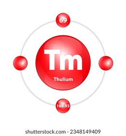 Thulium (Tm) Icon structure chemical element round shape circle light red with surround ring. 3D Illustration vector. Period number shows of energy levels of electron. Study science for education