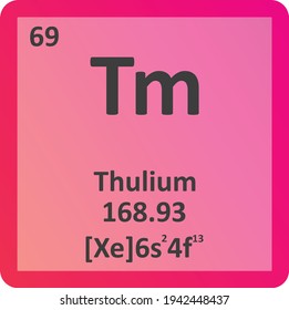 Thulium Tm Lanthanide Chemical Element Vektorgrafik, mit Atomnummer, Masse und Elektronenkonfiguration. Einfaches flaches Farbverlauf-Design für Bildung, Labor, Wissenschaftsklasse.
