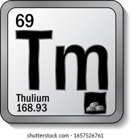 Thulium or Tm periodic table element icon on silver metallic button vector illustration. 3d sticker with soft shadow for chemical product label or digital web page graphic design element.