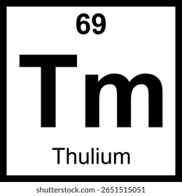 Lado a lado da tabela periódica de elementos de túlio (Tm). Ícone com número atômico 69. O mais raro lanthanide estável, usado em dispositivos de raios-X portáteis.