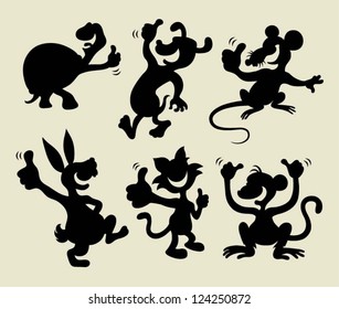 Thumb up animals silhouette 1. Turtle, dog, mouse, rabbit, cat, and monkey with black shadow style. Easy edit and change color, because each item is a group