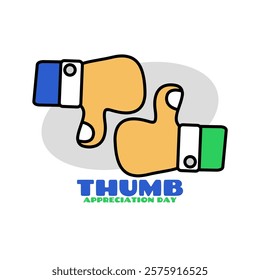 Thumb Appreciation Day to celebrate on February 18th. Illustration of a thumb gesture pointing up and down on white background.