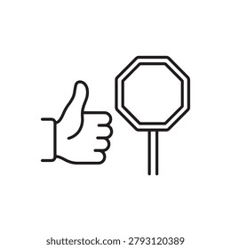 Thumb up approval and stop sign line icon with approval agreement decision