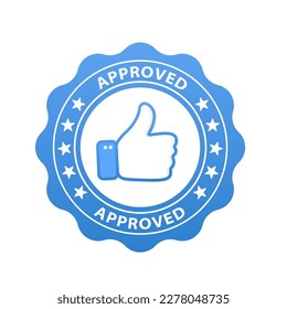 Thumb approved stamp. Approved rubber stamp, on a white background. Blue round grunge. Vector illustration