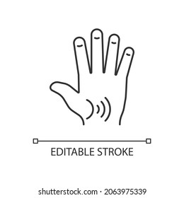 Thumb arthritis linear icon. Degenerative changes. Osteoarthritis in thumb. Enlarged joint. Thin line customizable illustration. Contour symbol. Vector isolated outline drawing. Editable stroke