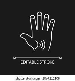 Thumb arthritis white linear icon for dark theme. Degenerative changes. Osteoarthritis in thumb. Thin line customizable illustration. Isolated vector contour symbol for night mode. Editable stroke