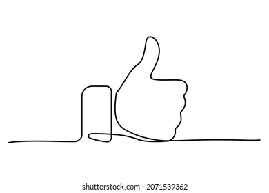 Thumb up black line icon for clients good review vector illustration. Continuous lineart of hand gesture, design for online feedback on product, job or film in social media isolated on white