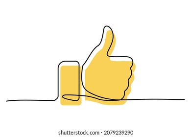 Thumb up black line icon for clients good review vector illustration. Continious lineart of hand gesture with yellow color, design for online feedback on product, job or film in social media