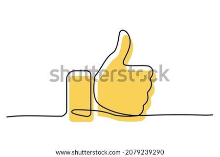 Thumb up black line icon for clients good review vector illustration. Continious lineart of hand gesture with yellow color, design for online feedback on product, job or film in social media