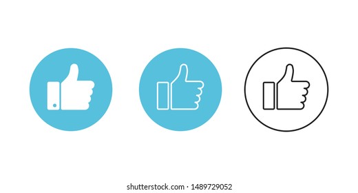 Thumb up blue circle isolated vector icons on white background. Button with thumb up for web design. Linear icon, outline hand icon. EPS 10