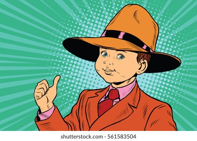 thumb up boy in a big hat. Pop art retro vector illustration