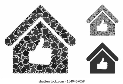 Thumb up building composition of joggly elements in various sizes and color tints, based on thumb up building icon. Vector tuberous elements are grouped into composition.