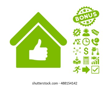 Thumb Up Building icon with bonus pictograph collection. Vector illustration style is flat iconic symbols, eco green color, white background.