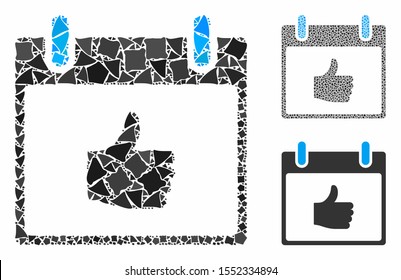 Thumb up calendar day composition of tuberous parts in variable sizes and color tinges, based on thumb up calendar day icon. Vector tuberous parts are grouped into composition.