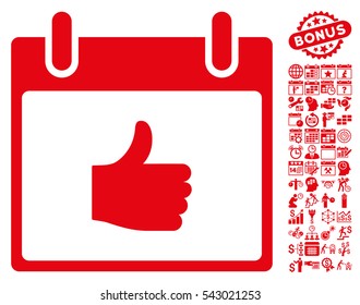 Thumb Up Calendar Day icon with bonus calendar and time management pictograph collection. Vector illustration style is flat iconic symbols, red, white background.