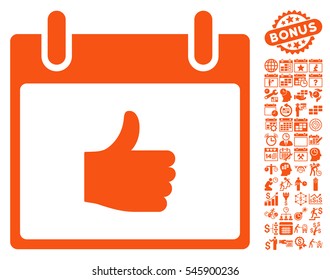 Thumb Up Calendar Day icon with bonus calendar and time management pictograms. Vector illustration style is flat iconic symbols, orange, white background.