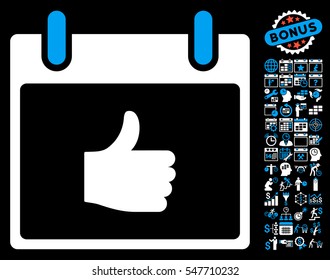 Thumb Up Calendar Day icon with bonus calendar and time management graphic icons. Vector illustration style is flat iconic symbols, blue and white, black background.