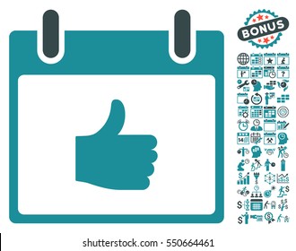 Thumb Up Calendar Day icon with bonus calendar and time management icon set. Vector illustration style is flat iconic symbols, soft blue, white background.