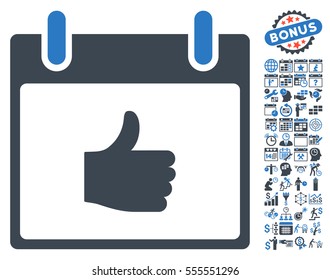 Thumb Up Calendar Day icon with bonus calendar and time management symbols. Vector illustration style is flat iconic symbols, smooth blue, white background.