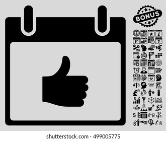 Thumb Up Calendar Day pictograph with bonus calendar and time management icon set. Vector illustration style is flat iconic symbols, black, light gray background.