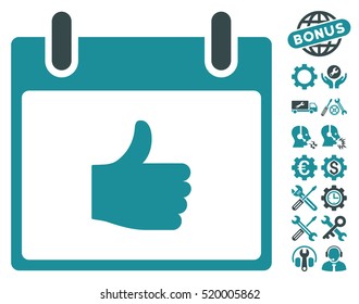 Thumb Up Calendar Day pictograph with bonus setup tools graphic icons. Vector illustration style is flat iconic symbols, soft blue, white background.