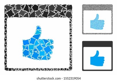 Thumb up calendar page composition of raggy parts in various sizes and color hues, based on thumb up calendar page icon. Vector rough parts are combined into composition.