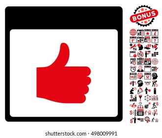 Thumb Up Calendar Page pictograph with bonus calendar and time management pictograms. Vector illustration style is flat iconic symbols, intensive red and black, white background.