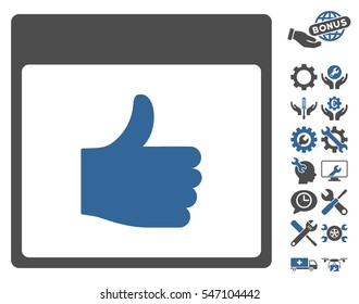 Thumb Up Calendar Page pictograph with bonus options symbols. Vector illustration style is flat iconic symbols, cobalt and gray, white background.