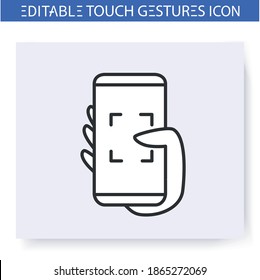 Icono de línea de enfoque de cámara. Pulsa en pantalla. Análisis de código QR. Gestos multitáctil para uso de smartphone. Tecnología de pantalla táctil. Concepto de interfaz de usuario. Ilustración vectorial aislada. Trazo editable 