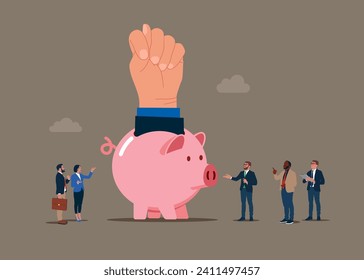 The thumb is clamped between the middle and index finger from a crack in a giant pink piggy bank. Loss of funds. Personal bankruptcy. Not enough money. Flat vector illustration
