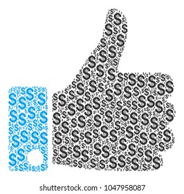 Thumb Up collage of dollar symbols. Vector dollar currency symbols are organized into thumb up collage.