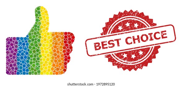 Thumb up collage icon of circle blots in various sizes and LGBT colorful color hues, and Best Choice dirty rosette stamp seal. A dotted LGBT-colored Thumb up for lesbians, gays, transgenders,
