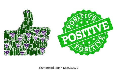 Thumb up composition of alcohol bottles and grape and grunge stamp seal. Isolated vectors in green and purple colors on a white background for bars, alcohol shop banners, ads, concepts.