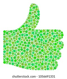 Thumb Up composition of filled circles in various sizes and eco green color tones. Vector round elements are organized into thumb up composition. Ecological design concept.