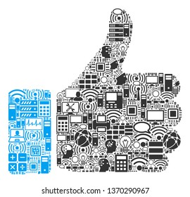 Thumb Up composition icon created for bigdata and computing illustrations. Vector thumb up mosaics are composed from computer, calculator, connections, wi-fi, network,