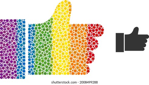 Thumb up composition icon of round dots in different sizes and rainbow bright color tinges. A dotted LGBT-colored thumb up for lesbians, gays, bisexuals, and transgenders.