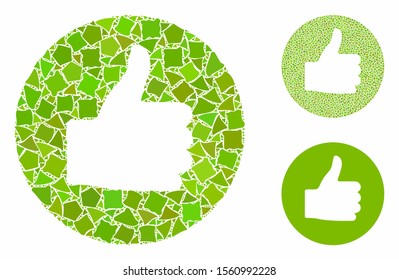 Thumb up composition of rough parts in variable sizes and color tints, based on thumb up icon. Vector irregular pieces are grouped into composition. Thumb up icons collage with dotted pattern.
