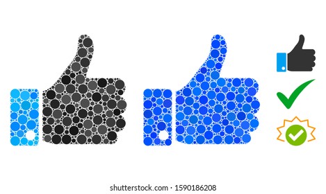 Thumb up composition of round dots in variable sizes and color tinges, based on thumb up icon. Vector round dots are united into blue composition. Dotted thumb up icon in usual and blue versions.