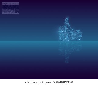 El miembro arriba consiste en líneas y puntos con reflejo espejo. Sube sobre un fondo azul, en una malla tecnológica con un reflejo espejo. Ilustración del dedo. Icono del vector.