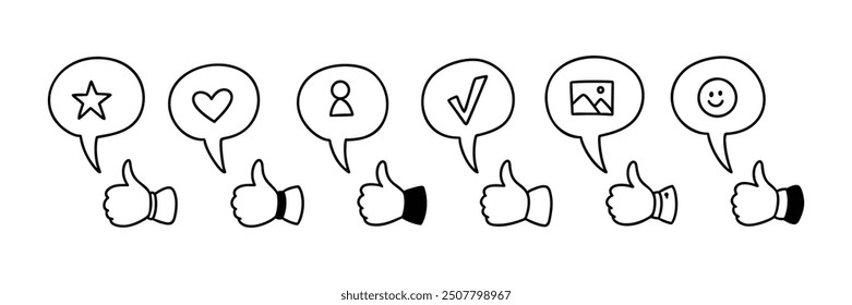 Thumb up cute line doodle icons set. Positive feedback, like, subscription, send and read message handwriting vector illustration. Speech bubble set